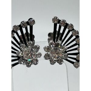Coro Vintage Signed‎ Rhinestone Clip-On Fan Silver Tone Black Crystal Earrings